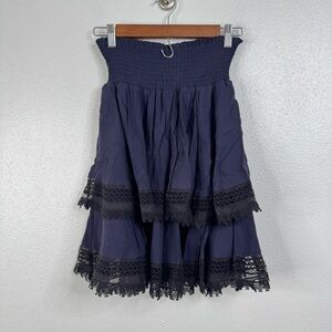 Maje Navy Tiered Black Lace Trim Skirt Size 1/Small
